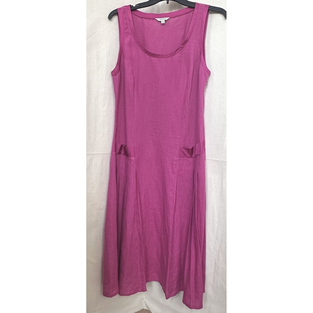 80s J. Peterman Hot Pink 100% Linen Silk Trim Drop Waist Pleated Dress 10‎ Vtg